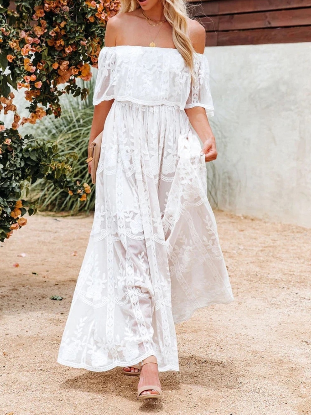 White Off-Shoulder Lace Maxi long gown bridesmaid wedding lace boho Dress - Picture 4 of 6